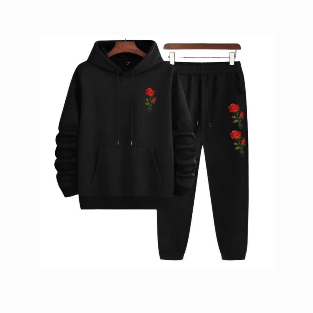Latest Men HAZAWA Polyester Black Tracksuit for Men | Full Sleeve Hooded Neck | Rose Embroidered