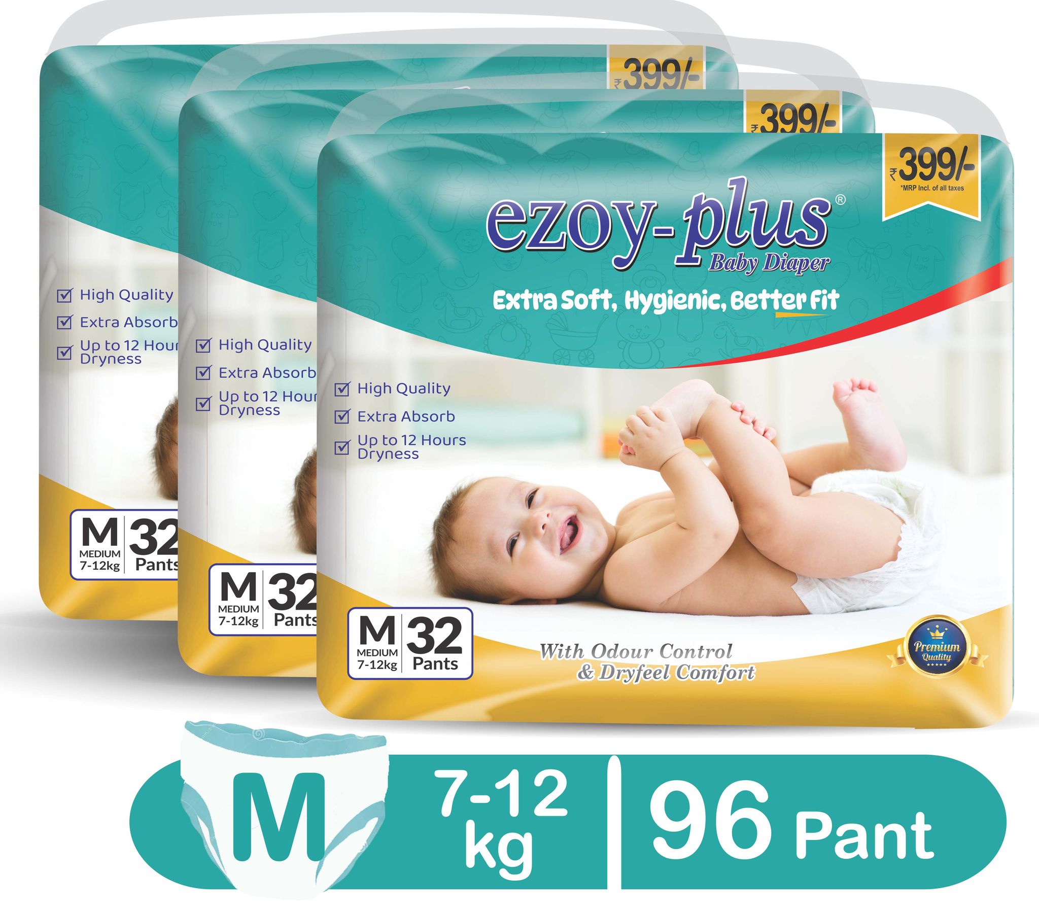 Ezoy-Plus Baby Diapers, Size M (7-12 kg), 96 Count, Extra Soft, Hygienic, with Odour Control and Dryfeel Comfort