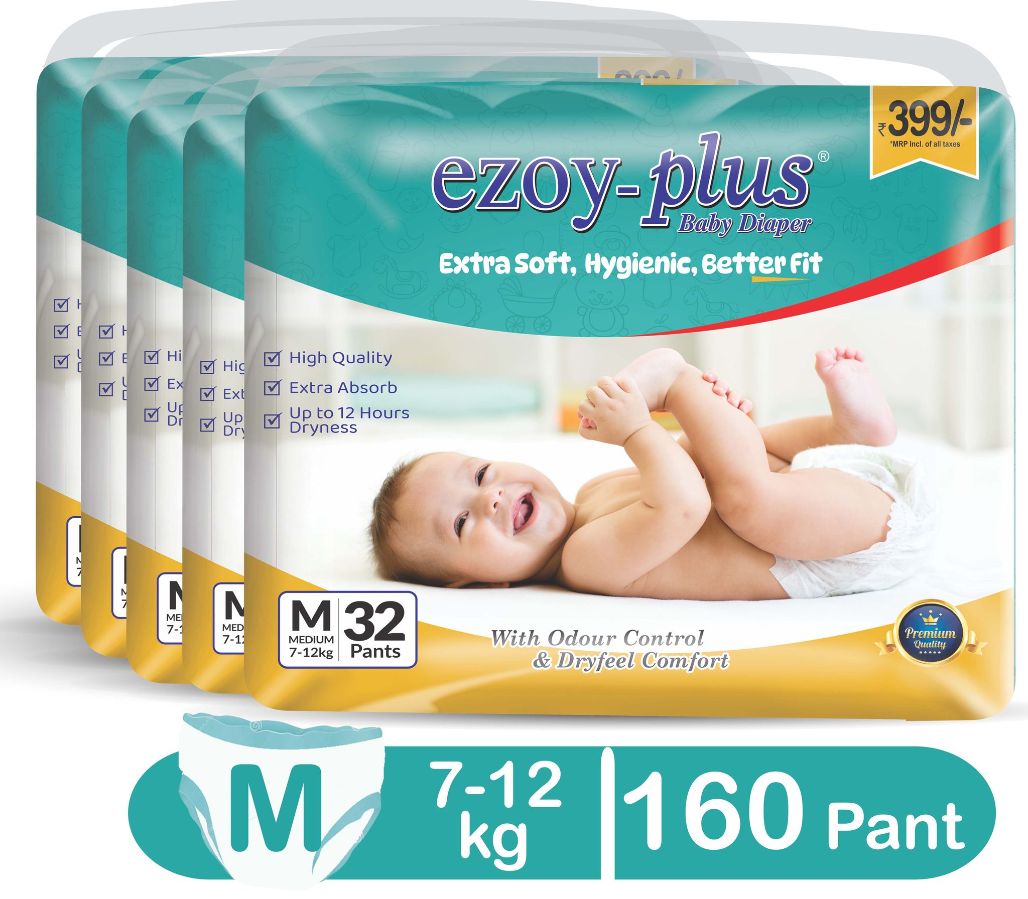 EZOYPLUS Baby Diapers M size - Extra Soft, Hygienic, Better Fit - Size M (7-12 kg) - 160 Count
