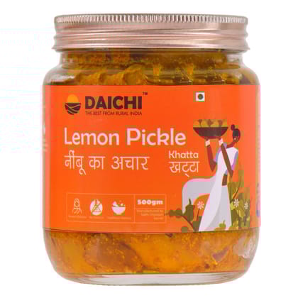 Daichi - Lemon Sour Pickle | Khatta Nimbu Ka Achaar | Crafted with love by women artisans | Sun cured | Cold-pressed mustard oil | In-house spices | No Preservatives 500gm (Pack of 1)