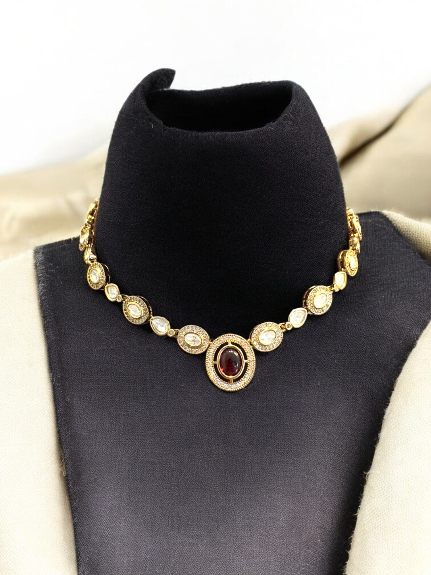  Gold-Plated Kundan and Polki Choker Necklace Set with Red Stone