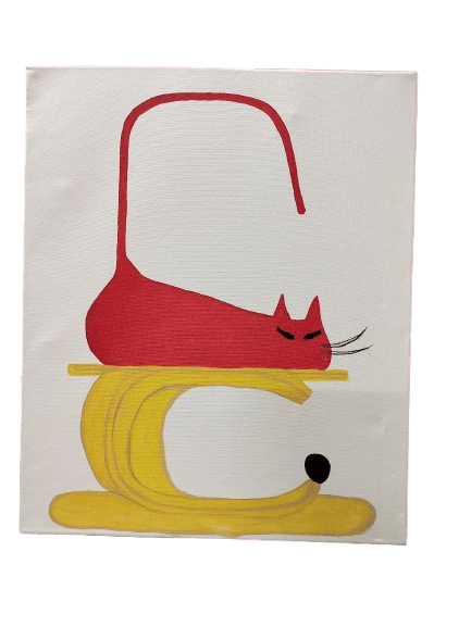 Unique Hand-Painted Red Cat on Yellow Banana Wall Art for Home Decor
