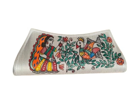 Madhubani hand painted cotton silk clutch with a beautiful woman and peacock design