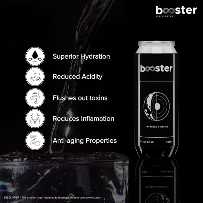 Booster Black Alkaline Drink 500 ml (Pack of 12) - High pH Premium Alkaline Water with Fulvic Minerals for Superior Hydration & Detoxification
