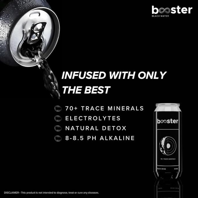 Booster Black Alkaline Drink 500 ml (Pack of 24) - High pH Premium Alkaline Water with Fulvic Minerals for Superior Hydration & Detoxification