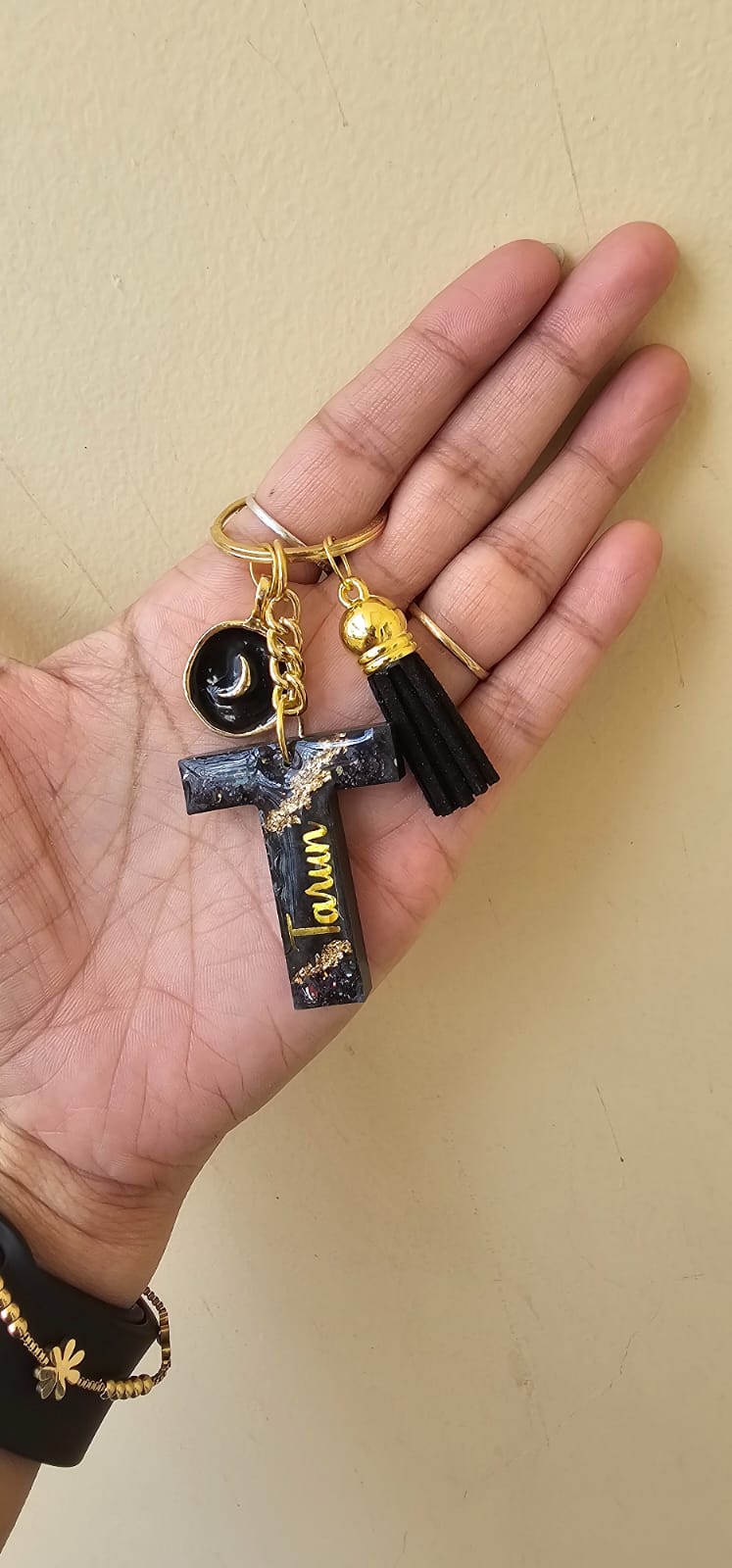 Black and Gold Resin Letter Keychain with Tassel