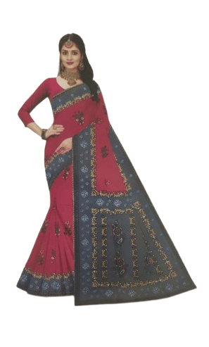 Pink and Blue Bandhani Printed Cotton Saree With Blouse Piece - Sarees | Buy online on ZillyBuy