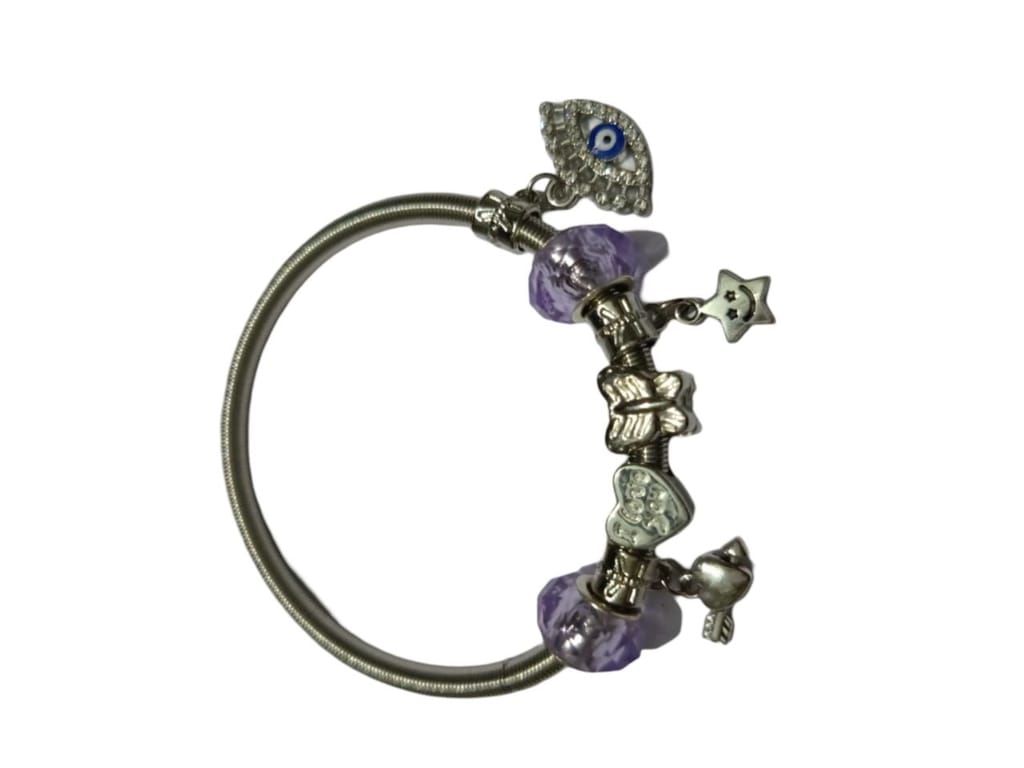 Pandora Style Silver Bangle Bracelet with Purple and Silver Charms