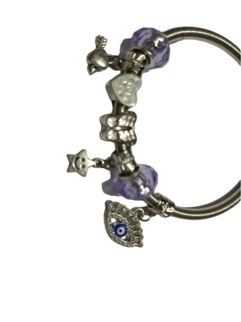 Pandora Style Silver Bangle Bracelet with Purple and Silver Charms