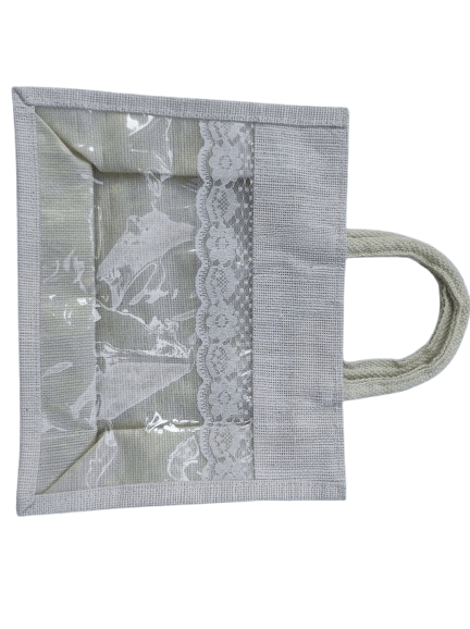 Natural Jute Tote Bag with PVC Window and Lace Trim