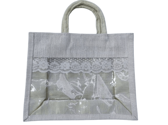 Natural Jute Tote Bag with PVC Window and Lace Trim