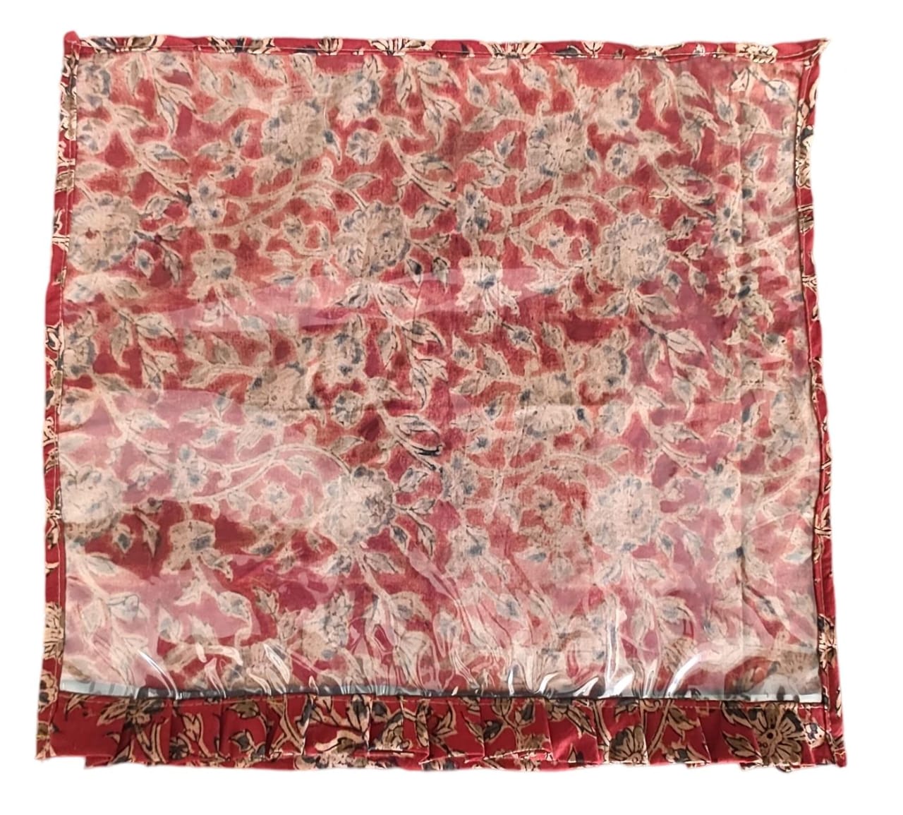 KALANKARI Red Floral Print Microwave1 SAREEE COVER Oven Cover with PVC Window and Ruffle Trim