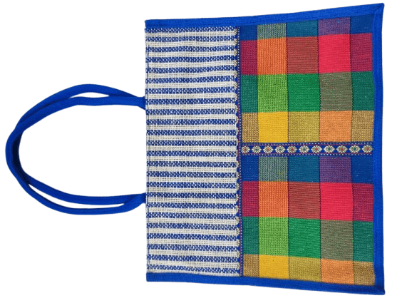 Colorful Striped Jute Tote Bag with Embroidered Patchwork