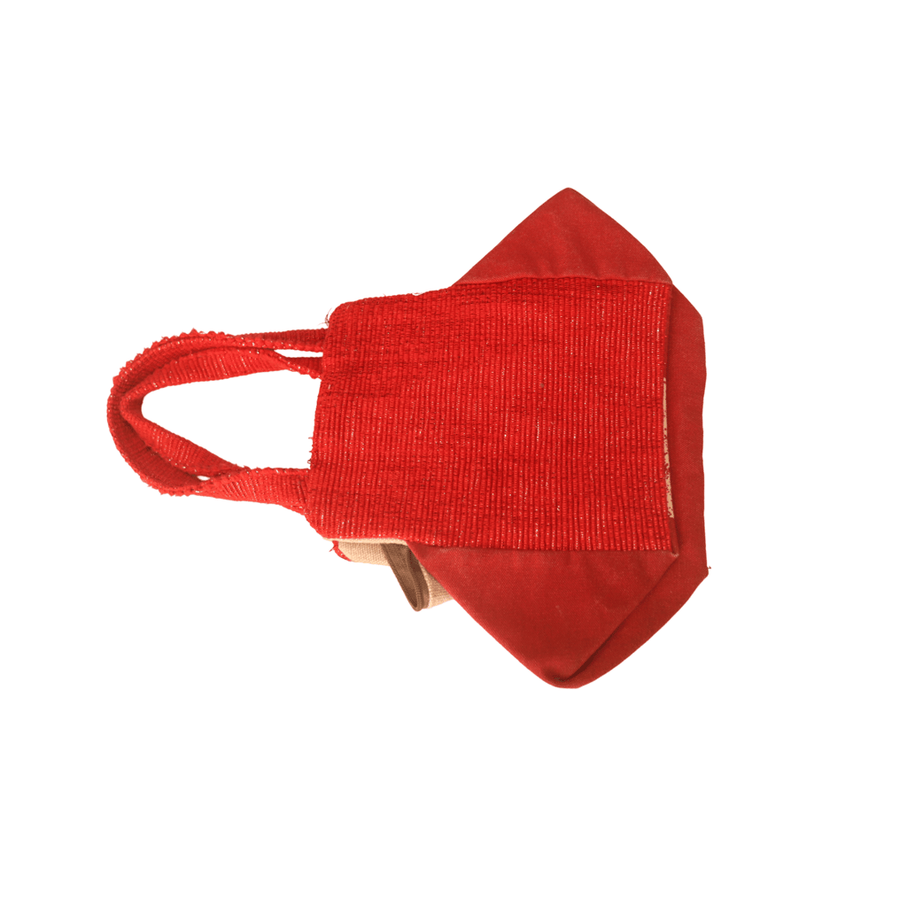 Red Beaded Handbag with Brown Handles