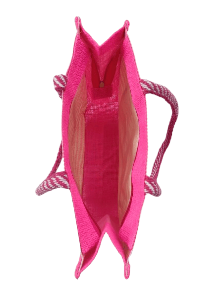 Pink Hand Embroidered Jute Tote Bag with Zipper and Front Pocket