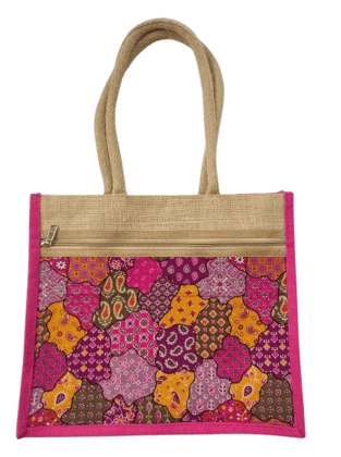 Jute Tote Bag with Colorful Patchwork Design and Zipper Closure
