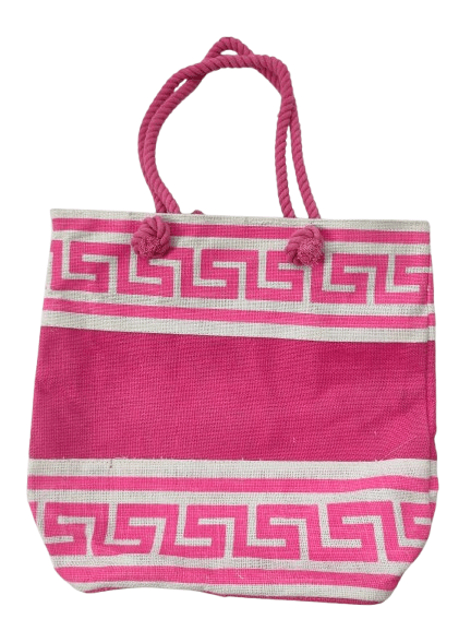 Pink and White Striped Tote Bag with Greek Key Design