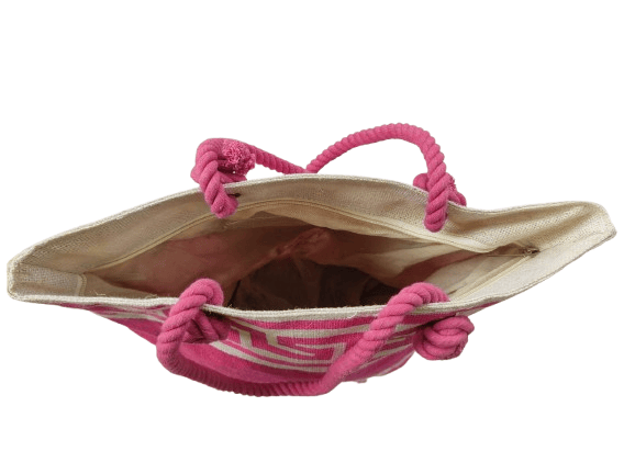 Pink and White Striped Tote Bag with Greek Key Design