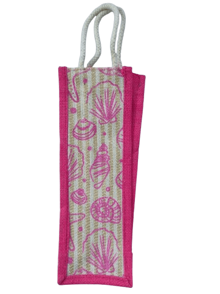 Pink and White Striped Jute Water Bottle Gift Bag with Seashell Print