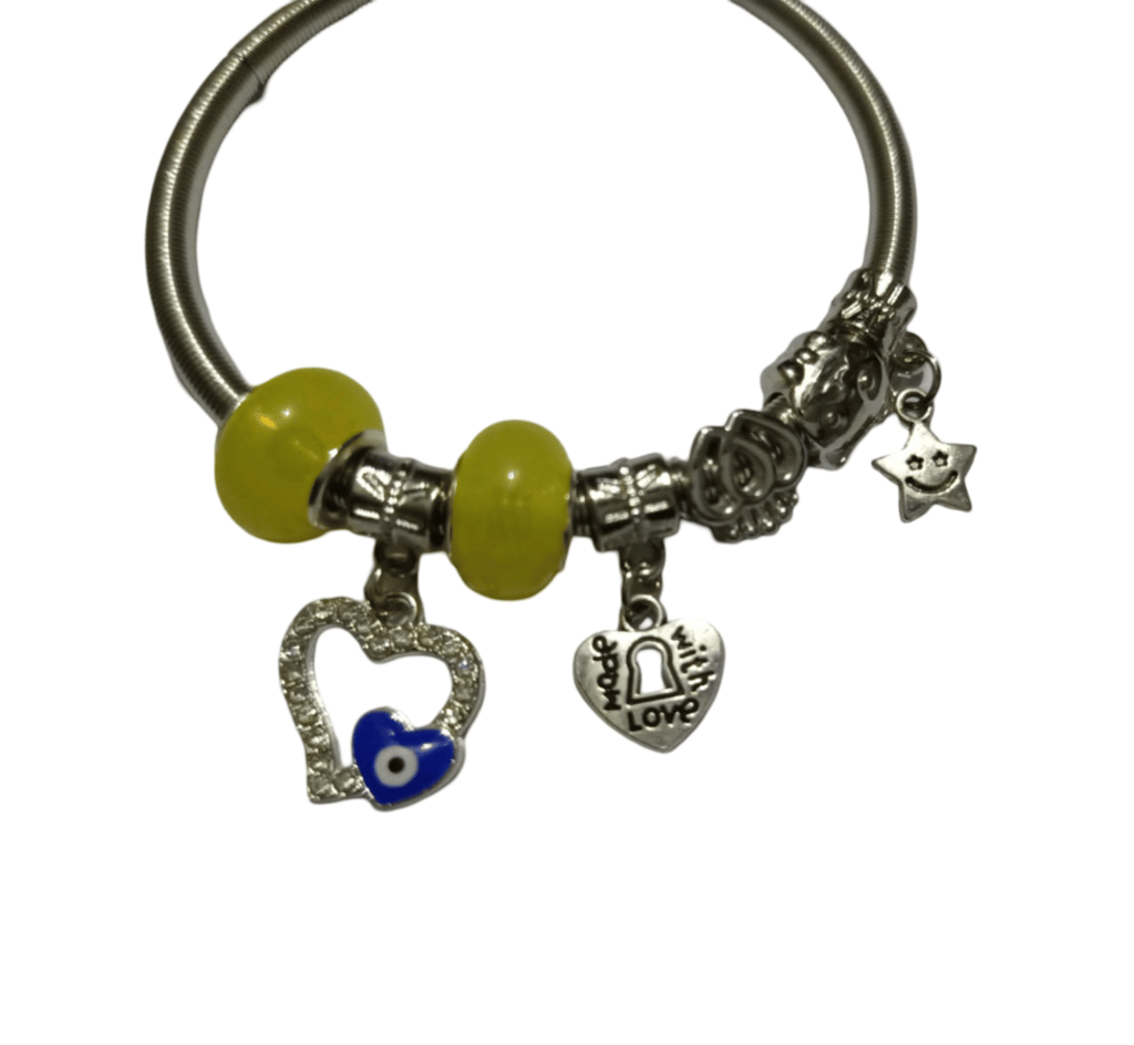 **Pandora Style Silver Plated Bangle Bracelet with Evil Eye Charm**