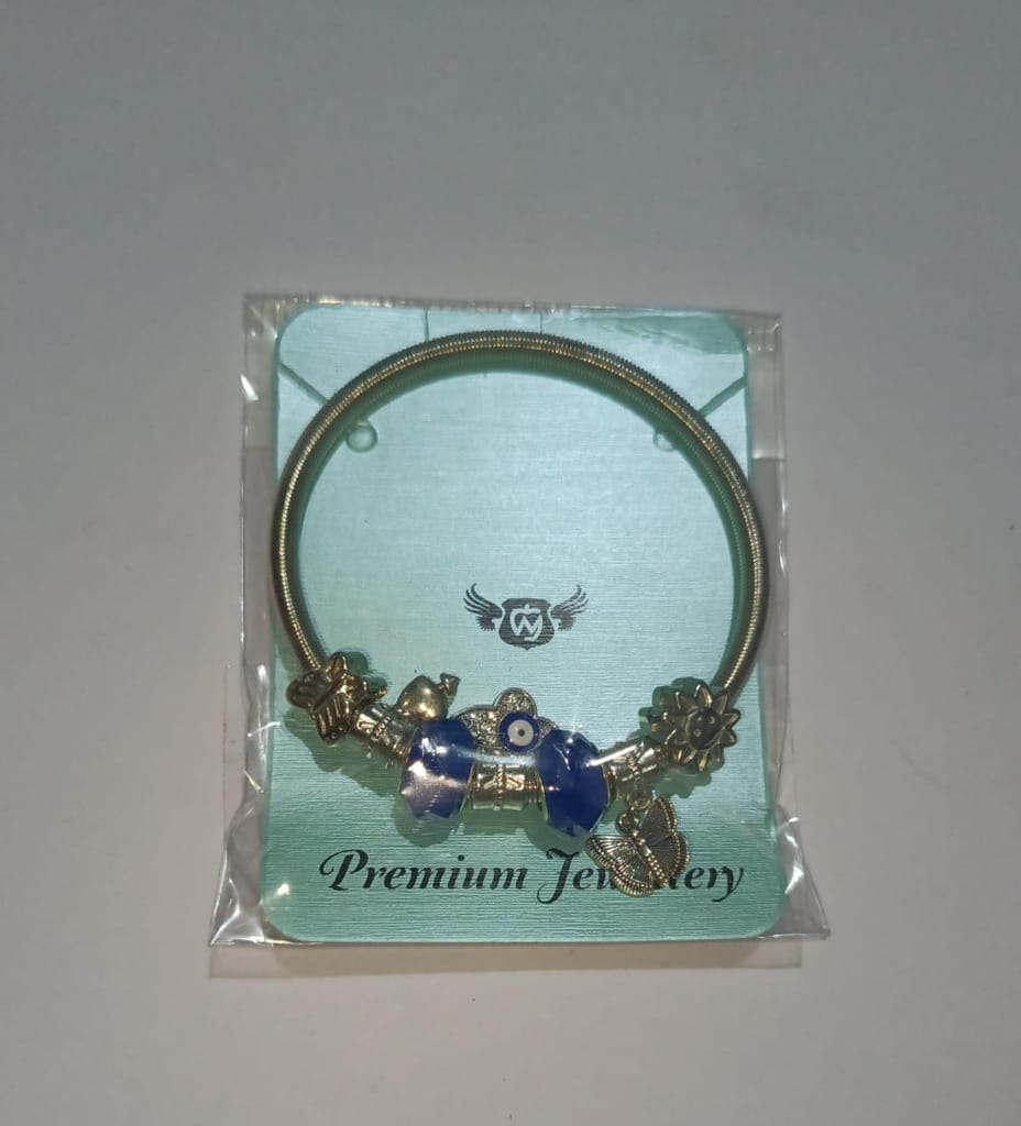 Pandora Style Silver Plated Charm Bracelet with Blue Crystal Evil Eye Butterfly