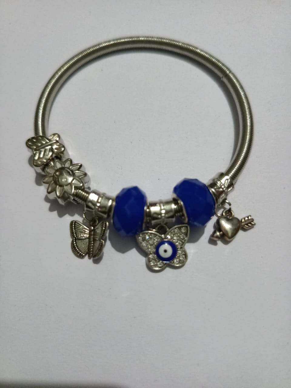 Pandora Style Silver Plated Charm Bracelet with Blue Crystal Evil Eye Butterfly