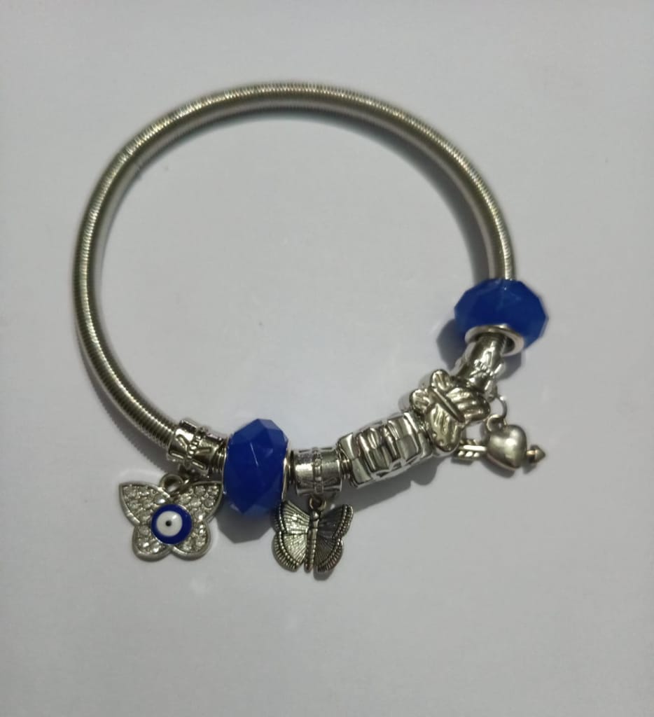 Pandora Style Silver Plated Charm Bracelet with Blue Crystal Evil Eye Butterfly