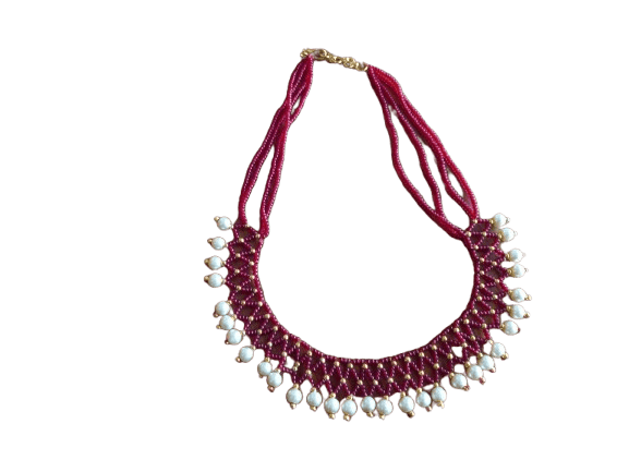 Handmade Red and White Pearl Beaded Necklace with Gold Plated