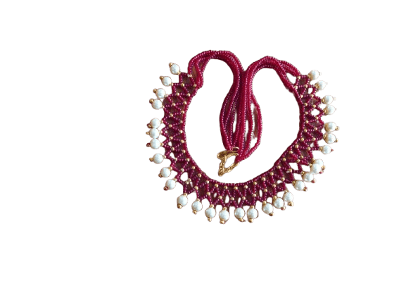 Handmade Red and White Pearl Beaded Necklace with Gold Plated