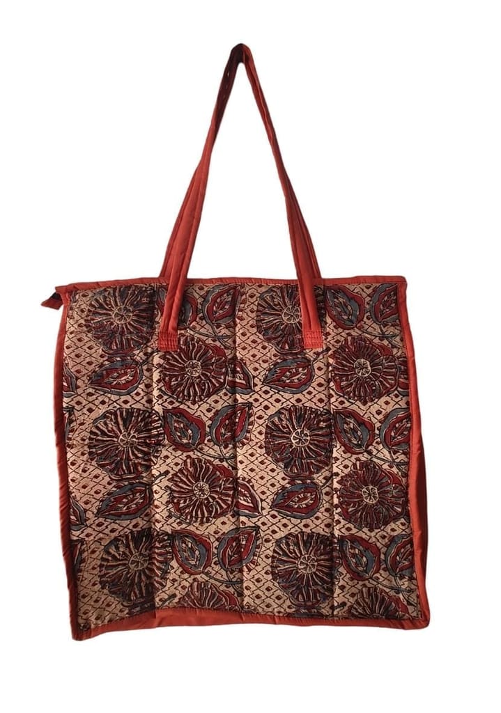 KALAMKARI Handcrafted Quilted Cotton Tote Bag with Floral Print and Zipper Closure