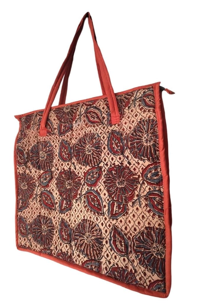 KALAMKARI Handcrafted Quilted Cotton Tote Bag with Floral Print and Zipper Closure