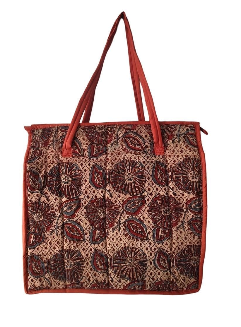 KALAMKARI  Handcrafted Quilted Cotton Tote Bag with Floral Print and Zipper Closure