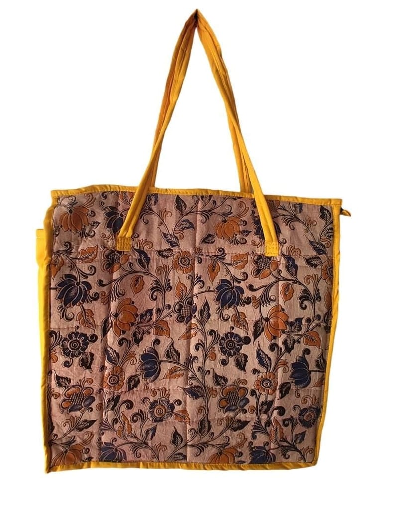 KALAMKARI   Handcrafted Floral Print Cotton Tote Bag with Zipper Closure and Reinforced Handles