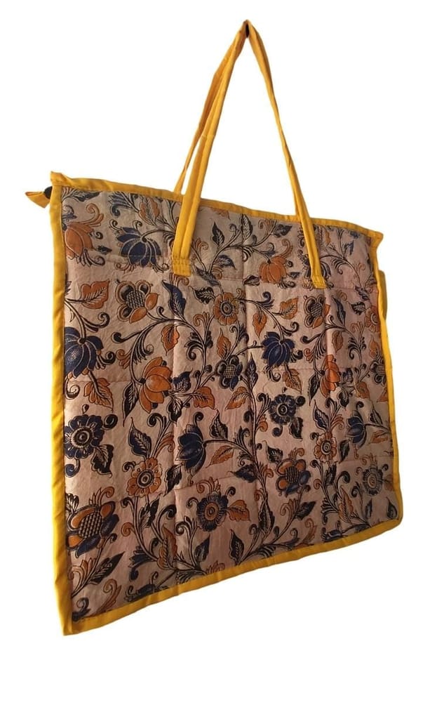 KALAMKARI   Handcrafted Floral Print Cotton Tote Bag with Zipper Closure and Reinforced Handles
