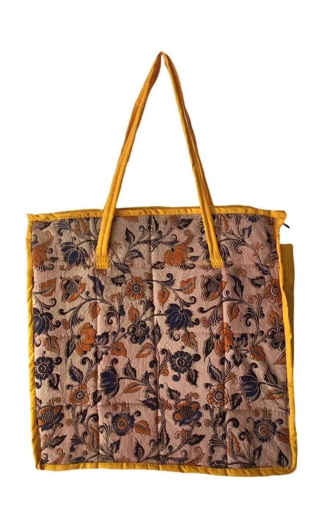 KALAMKARI   Handcrafted Floral Print Cotton Tote Bag with Zipper Closure and Reinforced Handles