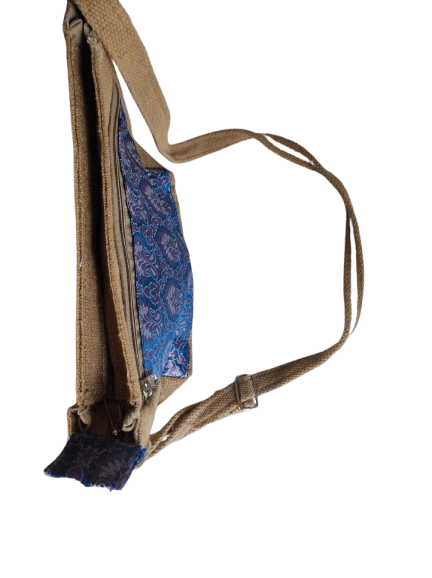 Handcrafted Jute Sling Bag with Blue Paisley Print