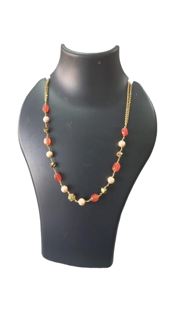 Delicate Carnelian and Pearl Beaded Necklace with Gold Plated Accents