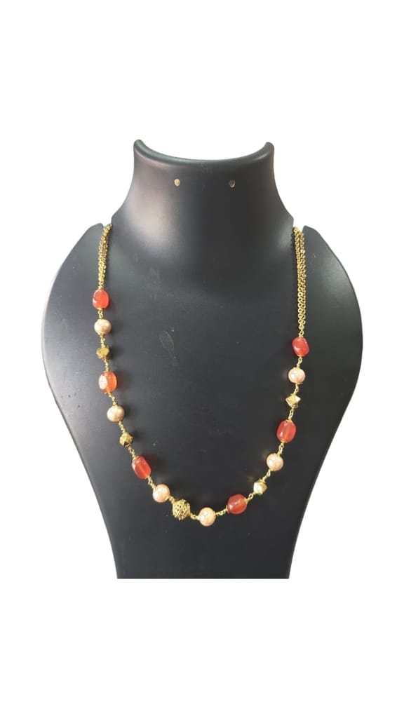 Delicate Carnelian and Pearl Beaded Necklace with Gold Plated Accents
