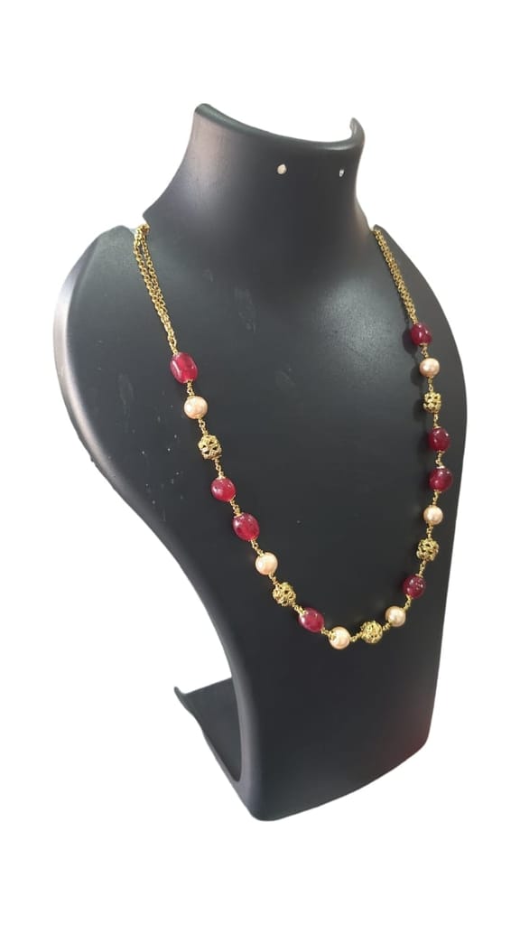 Pearl and Ruby Beaded Necklace with Gold Plated Beads