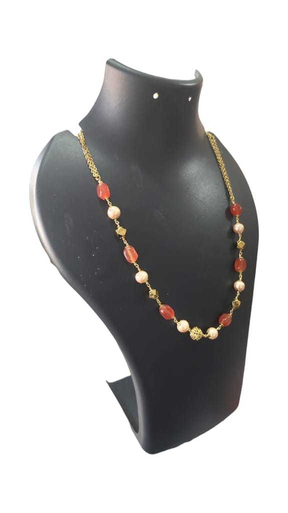 Delicate Carnelian and Pearl Beaded Necklace with Gold Plated Accents