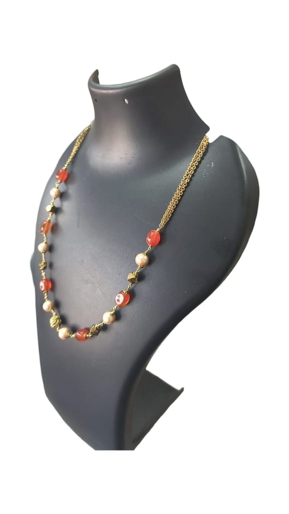 Delicate Carnelian and Pearl Beaded Necklace with Gold Plated Accents