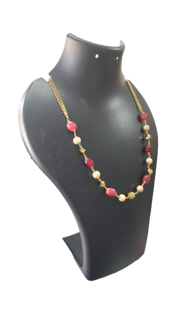 Red and Gold Beaded Necklace with Pearl Accents