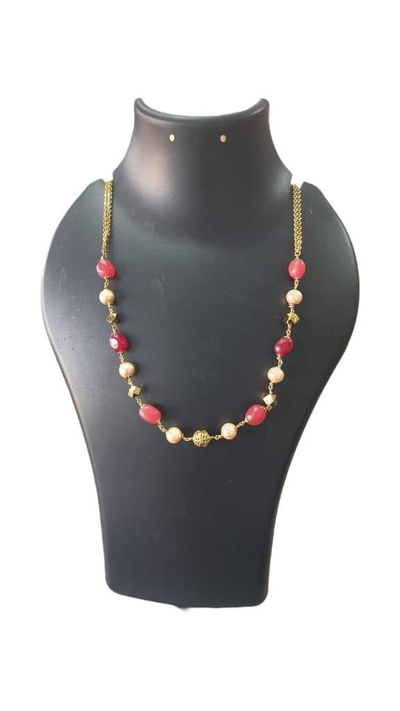 Red and Gold Beaded Necklace with Pearl Accents