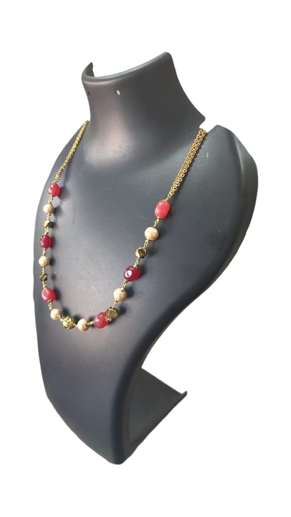 Red and Gold Beaded Necklace with Pearl Accents