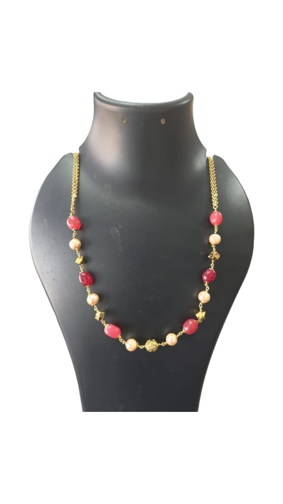 Red and Gold Beaded Necklace with Pearl Accents