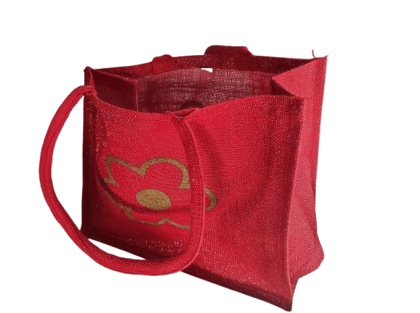Red Glitter Jute Tote Bag with Flower Print
