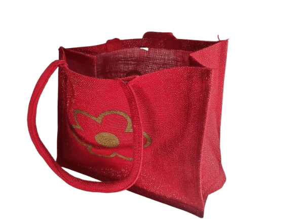 Red Glitter Jute Tote Bag with Flower Print