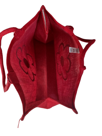 Red Glitter Jute Tote Bag with Flower Print