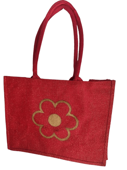 Red Glitter Jute Tote Bag with Flower Print