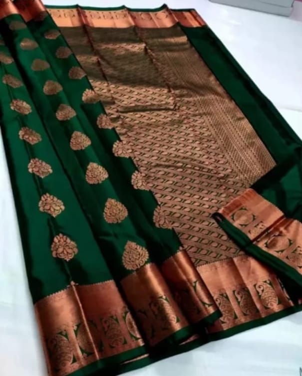 Green and gold zari woven Kanchipuram silk saree with blouse piece - Sarees | Buy online on ZillyBuy